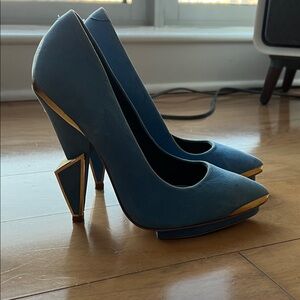 Unique by topshop Blue Pointed Toe Heels with Gold Trim 38